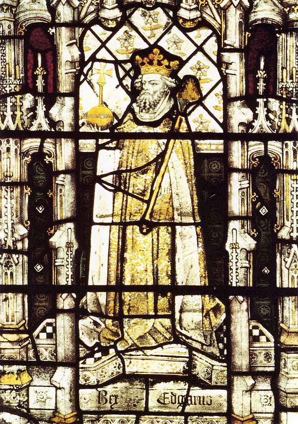 Edgar in the second tier of the Royal Window in the mid-fifteenth century chapel of All Souls College, Oxford. The stained glass is original apart fro