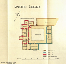 Ground plan of the priory, from Brakspear (1923) Kington Priory Ground Plan Brakspear 1923 33.png
