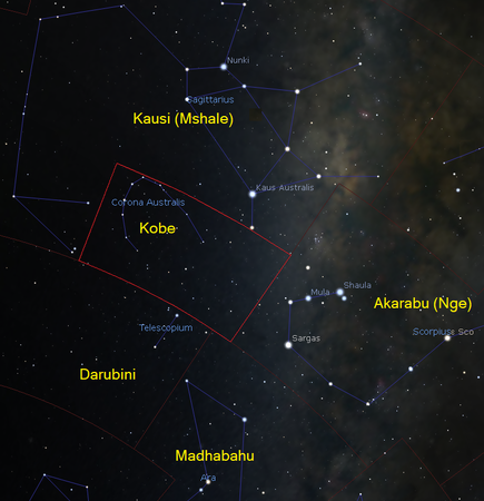 Kobe (kundinyota) Kundinyota Kobe (Corona Australis) (CC BY-SA 4.0 © 2004-2016 Fabien Chereau et al. Stellarium)