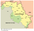 Autonomní Kurdistán v roce 2009 a jím nárokované oblasti (zeleně), které spravuje irácká vláda