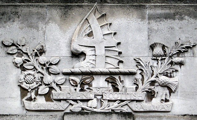 LMS crest, carved into the stonework at Leeds station