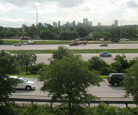 Interstate 95 as it passes through Fort Lauderdale. The city's skyline can be seen in the background.