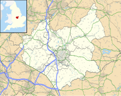 Mapa konturowa Leicestershire, blisko centrum na lewo znajduje się punkt z opisem „Coalville”