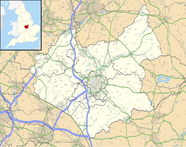 Mapa konturowa Leicestershire, w centrum znajduje się punkt z opisem „Leicester”