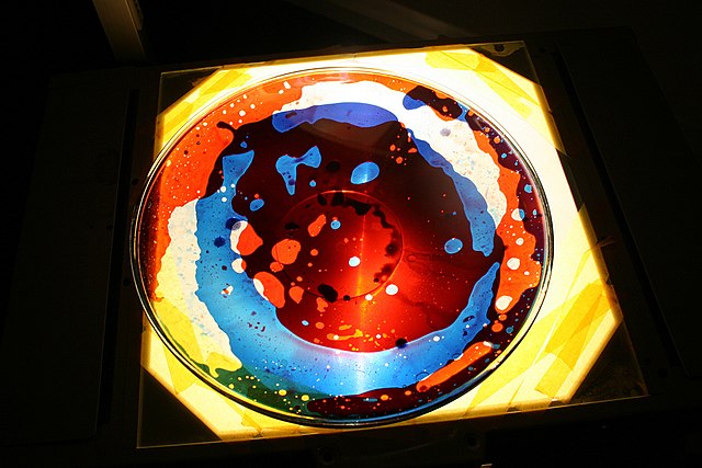 Liquid oil projection using a powerful lamp has been used to project swirling colours onto screens since the 1960s