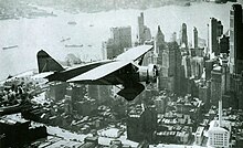 Lituanica above New York in 1933. The transatlantic flight was one of the most precise in aviation history. It equaled, and in some aspects surpassed, Charles Lindbergh's classic flight. Lituanica Above New York.jpg