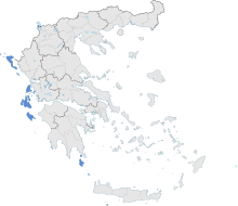 Mapa Řecka se zvýrazněnými Jónskými ostrovy