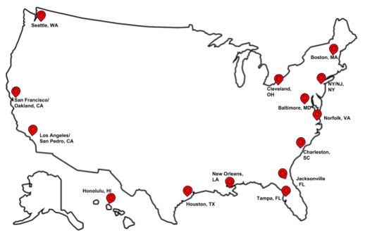 A map of the port locations that MEBA works with MEBA PORTS MAP.png