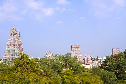 An aerial view of Meenakshi amman temple from above the tree tops -- Madurai: The city of temples