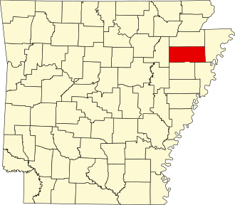 Location of Poinsett County in Arkansas Map of Arkansas highlighting Poinsett County.svg