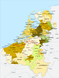 La Unión de Utrecht y la Unión de Arrás (1579) (izquierda). Los Países Bajos de mediados del siglo XVI, antes de la rebelión contra los habsburgo y la línea delimitadora de la Tregua de los doce años.