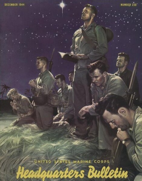 While he was in the Marines, Raymond painted "Marines at Prayer" for the Marine Corps' Headquarters Bulletin (December 1944).
