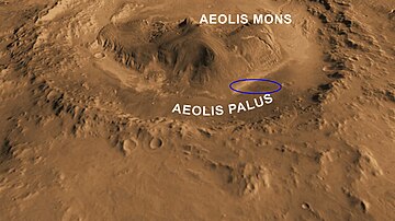 Curiosity's landing site is on Aeolis Palus near Mount Sharp in Gale Crater – north is down.