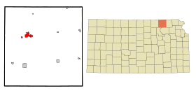 Marshall County Kansas Incorporated and Unincorporated areas Marysville Highlighted.svg