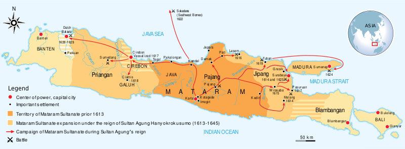 The maximum extent of Mataram Sultanate during the reign of Sultan Agung Anyakrakusuma (1613-1645)