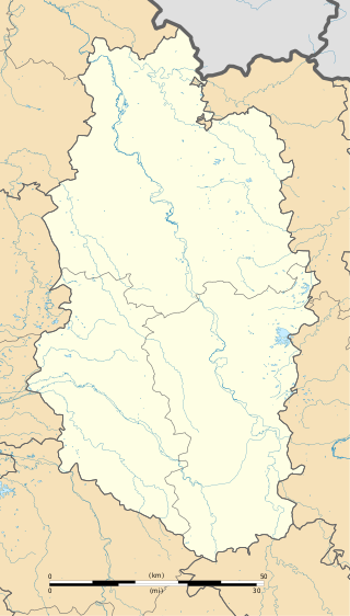 Mapa konturowa Mozy, na dole po prawej znajduje się punkt z opisem „Montigny-lès-Vaucouleurs”