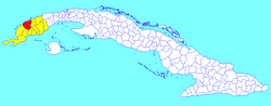 Minas de Matahambre municipality (red) within Pinar del Río Province (yellow) and Cuba