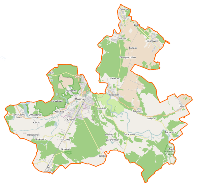 Mapa konturowa gminy Mosina, po prawej nieco na dole znajduje się punkt z opisem „Kościół świętego Marcelina”