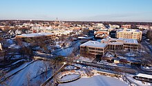 Downtown Naperville in January 2022, with measurable snowfall on the ground.