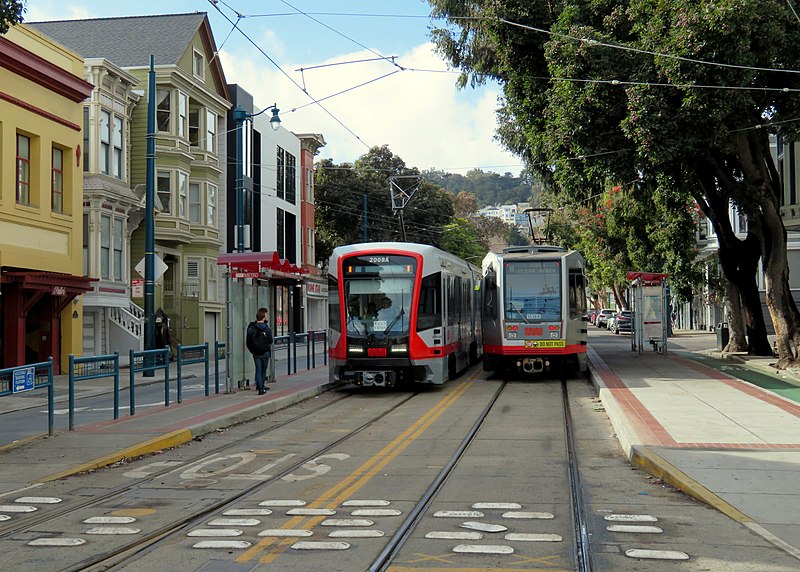 File:New and old Muni Metro trains at Duboce and Church, January 2018.JPG