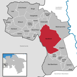 Läget för staden Nordhorn i Landkreis Grafschaft Bentheim