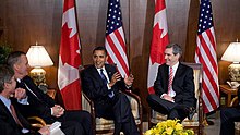 UCC Old Boy and then Leader of Her Majesty's Loyal Opposition Michael Ignatieff (right) meeting with President of the United States Barack Obama (centre), 2009 Obama and Ignatieff in Ottawa 2009.jpg