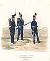Császári-királyi utászok (k.k. Sapeure), közlegény (Gemeiner), tizedes (Korporal) és őrmester (Feldwebel) 1837-ben, az 1836-tól bevezetett egyenruhában.