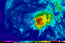 Animerede infrarøde satellitbilleder af den tropiske storm Olivia, der går i land på Maui og Lanai, Hawaii, den 12. september