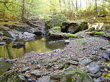 Rivero Krupinica inter Štiavnické vrchy kaj Krupinská planina ĉe rezervejo Mäsiarský bok (dekstre). Rigardo norden kontraŭ la fluo de rivero.