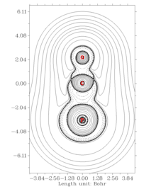 Figure 7: Contour plot of the Laplacian electron density of the PCO anion. Graph plotted in Multiwfn using the results of AIMS analysis from Molden and GAMESS. From top to bottom, the atoms are O, C and P. PCO laplacian electron density contour plot.png