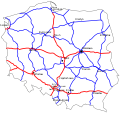 Lengyel autópályák (piros), és a gyorsforgalmi utak(kék) teljes hosszában.