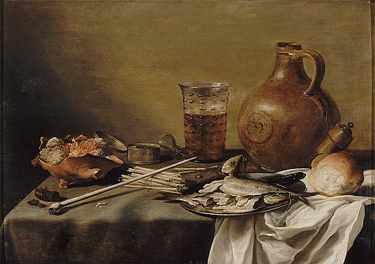 Pieter Claesz., Stilleven met rookgerei, haringen, bierglas en kruik, 1644, olieverf op paneel, 59 × 82 cm, Musée d'Arts de Nantes