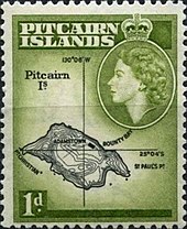 A 1957 Pitcairn Islands definitive stamp showing Pitcairn Island Pitcairn 1957 02.jpg