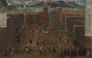 The unfinished cathedral of Lima in the Plaza Mayor, painting of 1680. Museo de América (Madrid).[26]