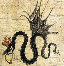 Signature of Cranach the Elder from 1508 on a winged snake with ruby ring, depicted in a 1514 portrait (Source: Wikimedia)