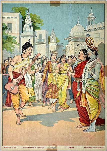 Narada (left) and Krishna - Rukmini (right) welcome Pradyumna and Mayavati (centre).