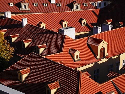 Monk and Nun tile roofs of Lesser Town palaces, viewed from the Ledebour Garden, Prague