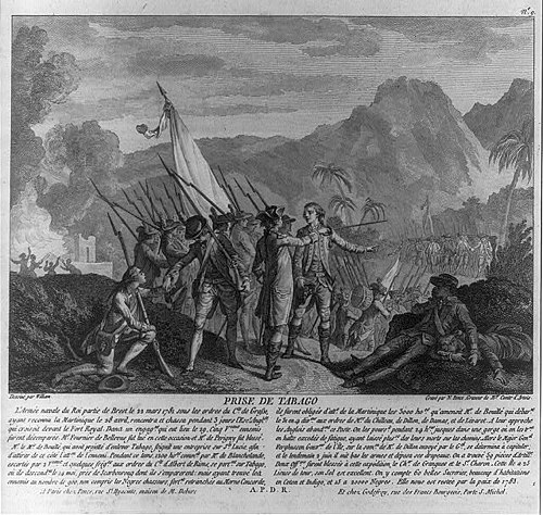 French attack on the British island of Tobago in 1781 with text. French painting from 1784.