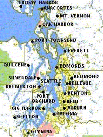 map of Puget Sound with major cities