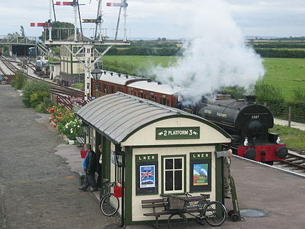 Quainton Road station in 2006, showing the platform formerly used by trains to Brill. The building on the platform now houses an exhibition on the Brill Tramway.