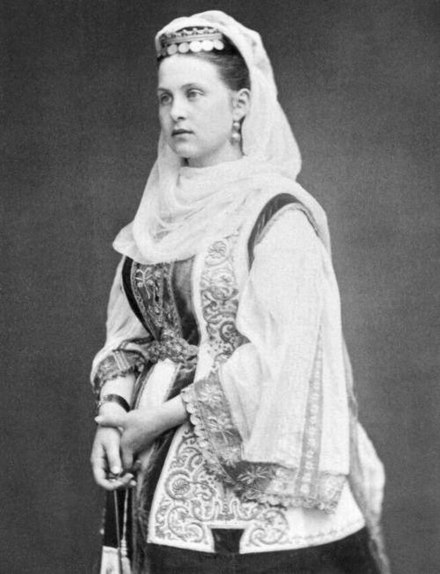 Queen Olga of Greece in a traditional Greek costume, circa 1870