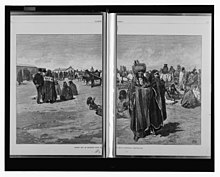 Ration Day at the Standing Rock Agency, 1883. The scarcity of buffalo led Plains Indians to become dependent on US government rations as the source of food. Ration day at Standing Rock Ag(enc)y - drawn by H.F. Farny. LCCN2003675412.jpg