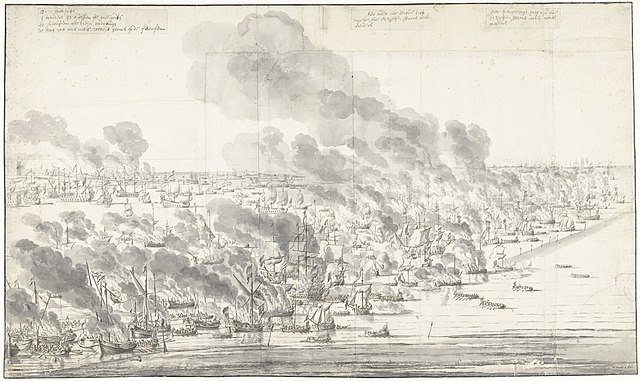 Robert Holmes sets fire to the Dutch fleet at Terschelling, 19 August, by Willem van de Velde