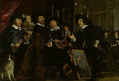 Bartholomeus van der Helst, Les Chefs de la guilde des archers, Frans Banninck Cocq est à gauche, avec la coupe de cérémonie, 1653, musée d'Amsterdam.