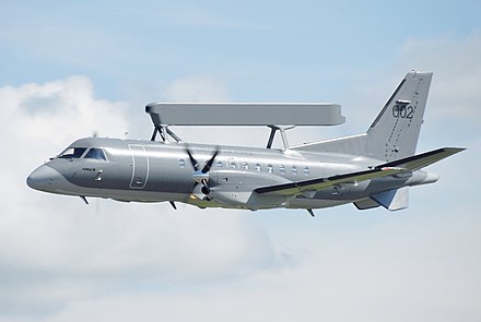 A Saab 340 AEW&C in flight at the Swedish Armed Forces' Airshow 2010.