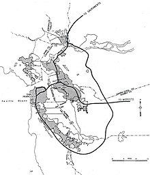 1955 map of the planned Interstates in the San Francisco Bay Area. I-480 would have run along the north side of the city, while I-280 would run south along the peninsula. I-80 was to have run past the east end of I-480 to end at I-280. San Francisco, California 1955 Yellow Book.jpg