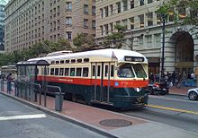 A PCC streetcar in San Francisco in 2010 wearing the paint scheme of the Birmingham Electric Company. The car is ex-Newark, ex-Minneapolis, and never operated in Birmingham. San Francisco PCC streetcar 1077, Birmingham livery.jpg