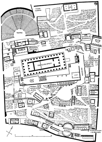 Site plan of the upper Sacred Precinct, Delphi. The outer wall that surrounds it is 190 metres (620 ft) long by 135 metres (443 ft) wide and is pierced by nine gates. Santuario de Apolo Pitio.gif