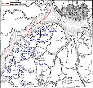 Map, depicting Japanese crossing the Johor straits to land on the Northwest side of Singapore