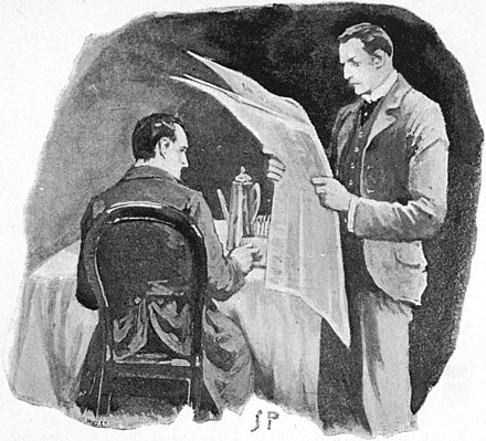 Watson reading bad news to Holmes in "The Five Orange Pips". One of Sidney Paget's iconic illustrations from The Strand magazine.